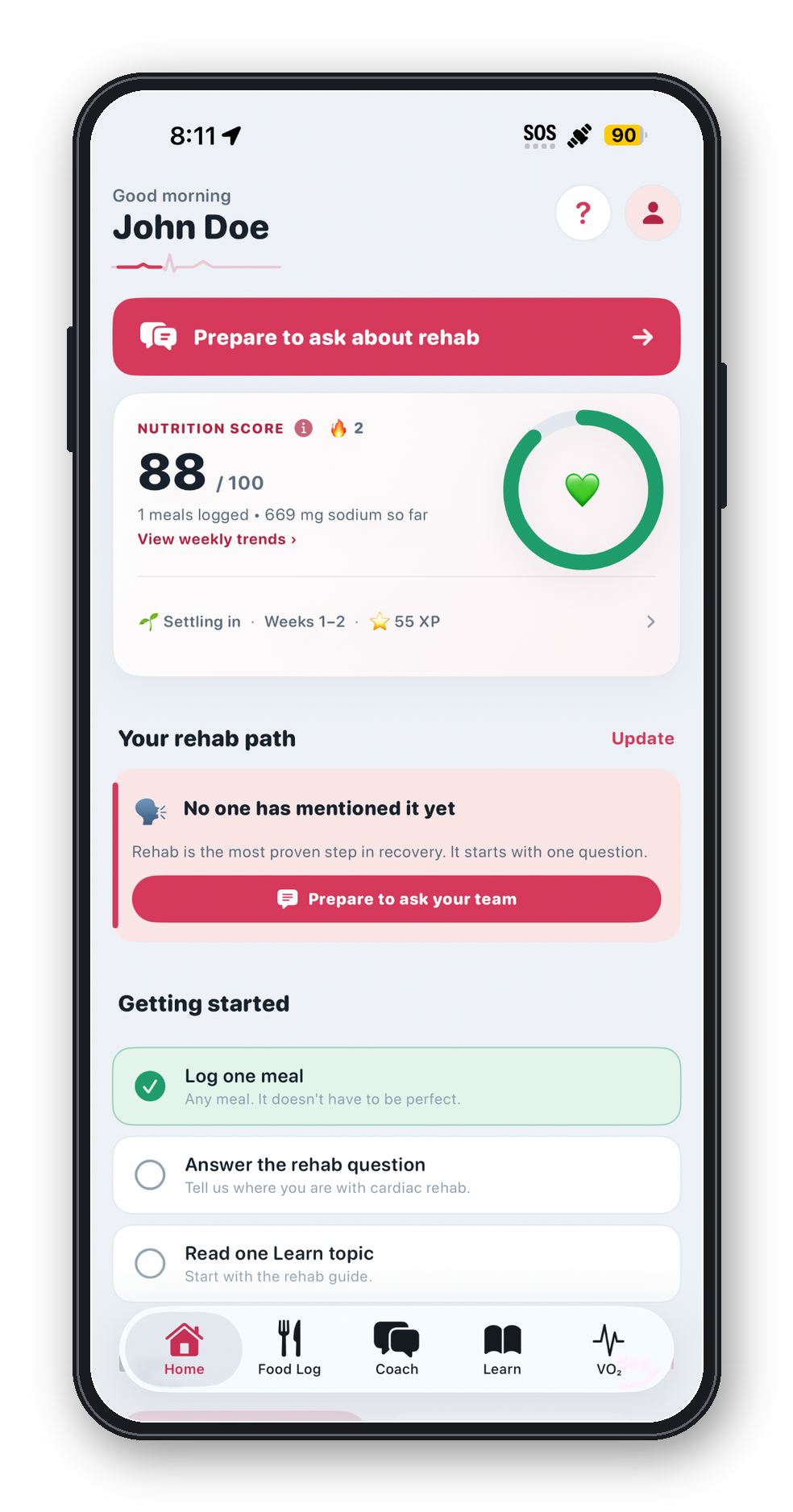 CardioNEXT Home screen showing a nutrition score, cardiac-rehab path, and getting-started tasks